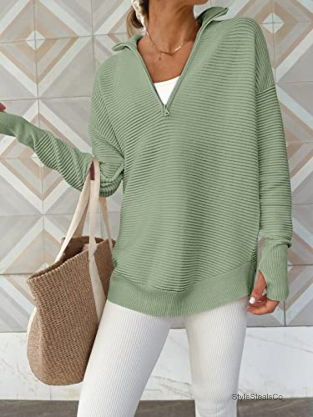 Long Sleeve Quarter Zip Pullover Sweater Casual V Neck Ribbed Knit Thumb Hole - Picture 2 of 7